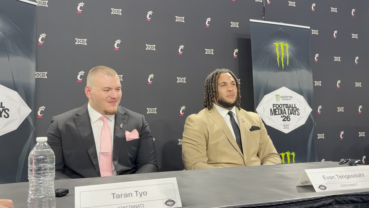 Evan Tengesdahl and Taran Tyo speak with reporters at Big 12 Media Days